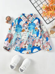 Cartoon Kitty Allover Collared Long Sleeve Shirt for Kids