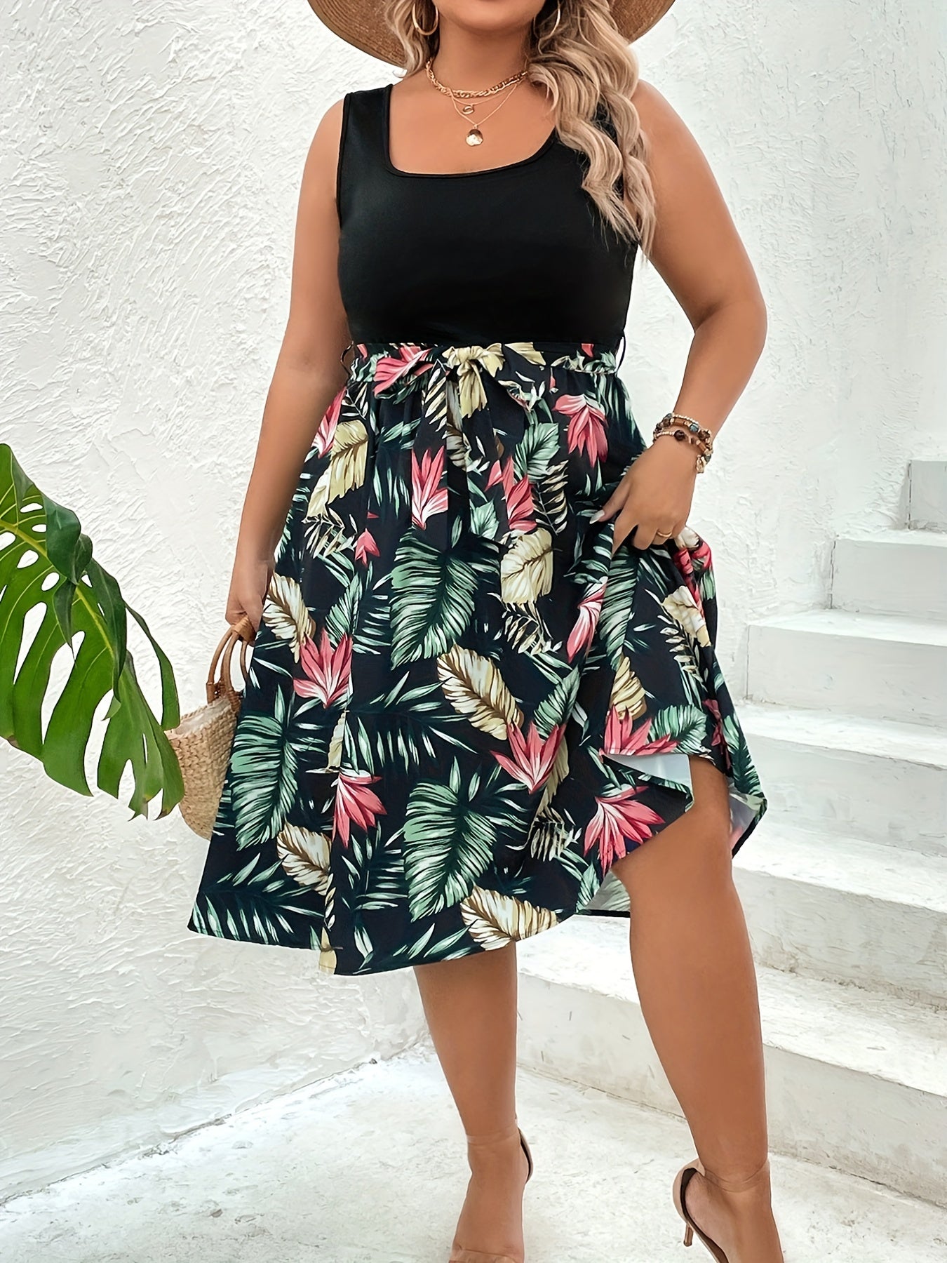 Colorblock Tropical Print Square Neck Midi Dress