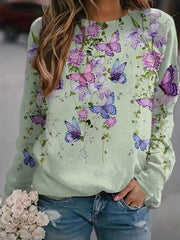 Butterfly Print Sweatshirt Crew Neck Long Sleeve Women's Clothing