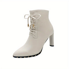 Women's Point Toe Lace Up Block Heeled Boots