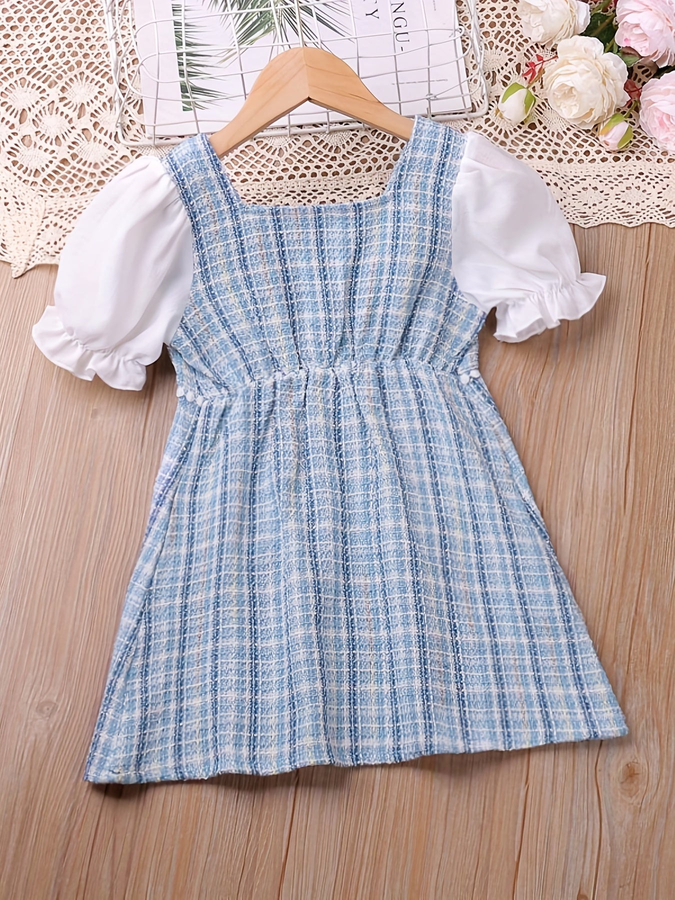 Girls Pearl Button Plaid Patchwork Princess Dress
