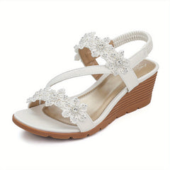 Women's Rhinestone & Flowers Wedge Sandals Slip On Platform Sandals