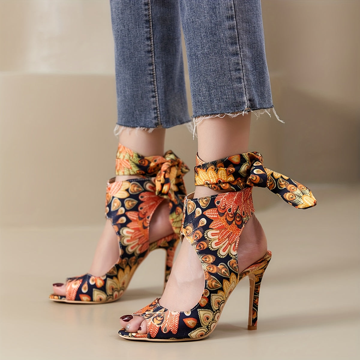Peacock Print High Heels Slingback Stiletto Sandals