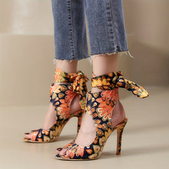 Peacock Print High Heels Slingback Stiletto Sandals