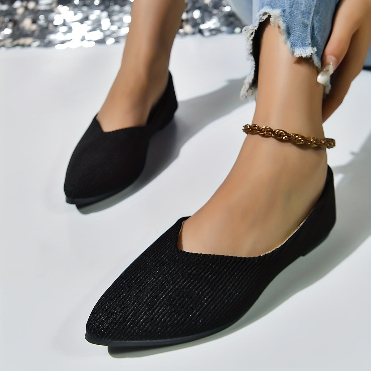 Women's Striped Detail Flat Shoes Pointed Toe Comfy Slip On