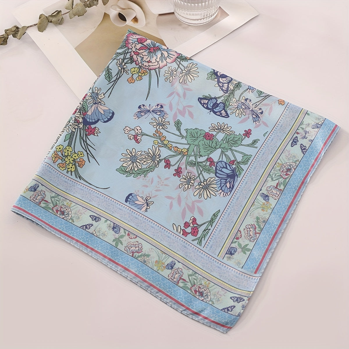 Butterfly Plant Flower Print Bandana Square Scarf Head Wrap Women Satin Necke