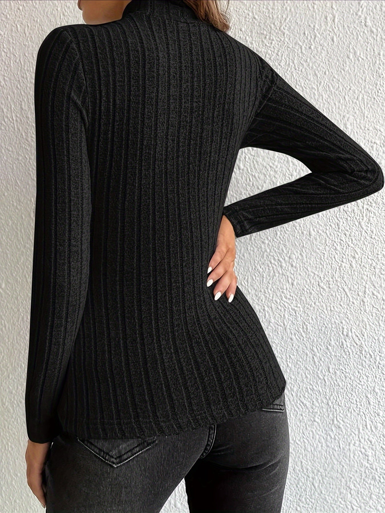 Solid Knit Top Women's Long Sleeve Stand Collar Medium Str