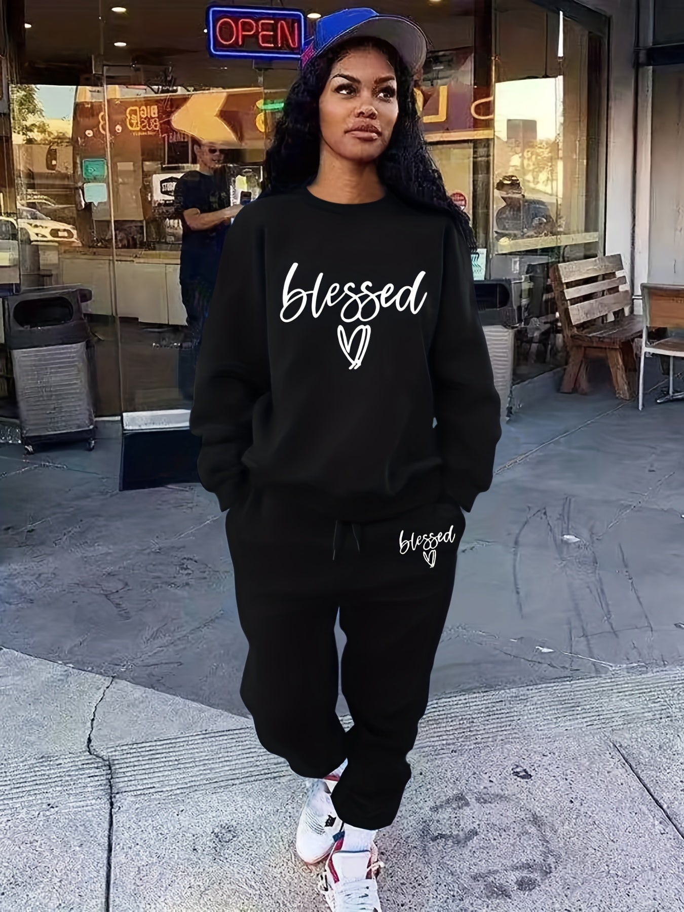 Blessed Letter Print Casual Two piece Set Long Sleeve Tops & Drawstring