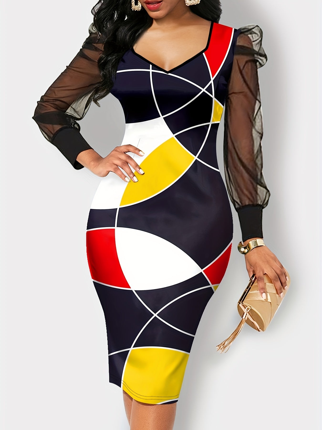 Geometric Print Lantern Sleeve V Neck Dress