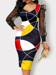 Geometric Print Lantern Sleeve V Neck Dress