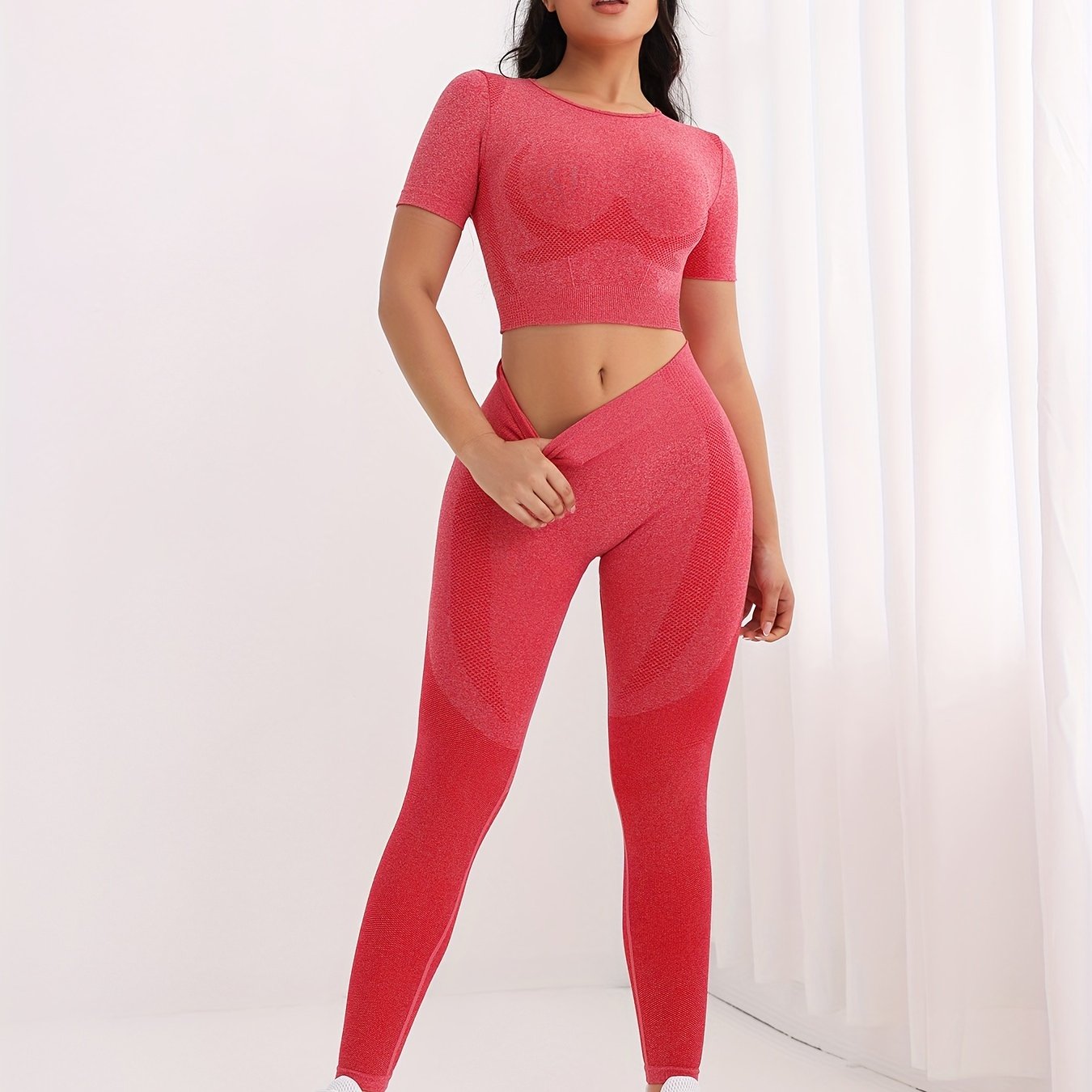 2pcs Women's Slim Fit Sporty Set Short Sleeve Top & High Waist Running Pant