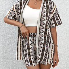 Argyle Print Two Piece Set Short Sleeve Tops & Drawstring Shorts
