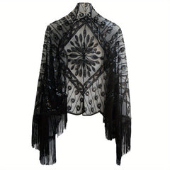 1920s Sequin Beaded Shawl Leaf Embroidery Tassel Cape