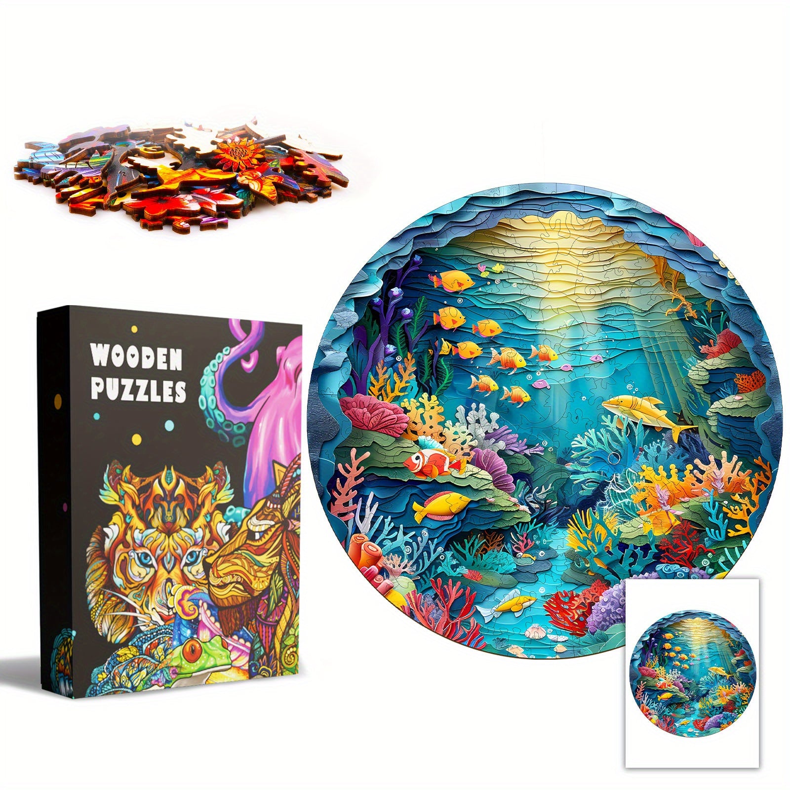 Sea World Wooden Jigsaw Puzzle Animal Shapes Underwater Scene Coral Reefs Fish