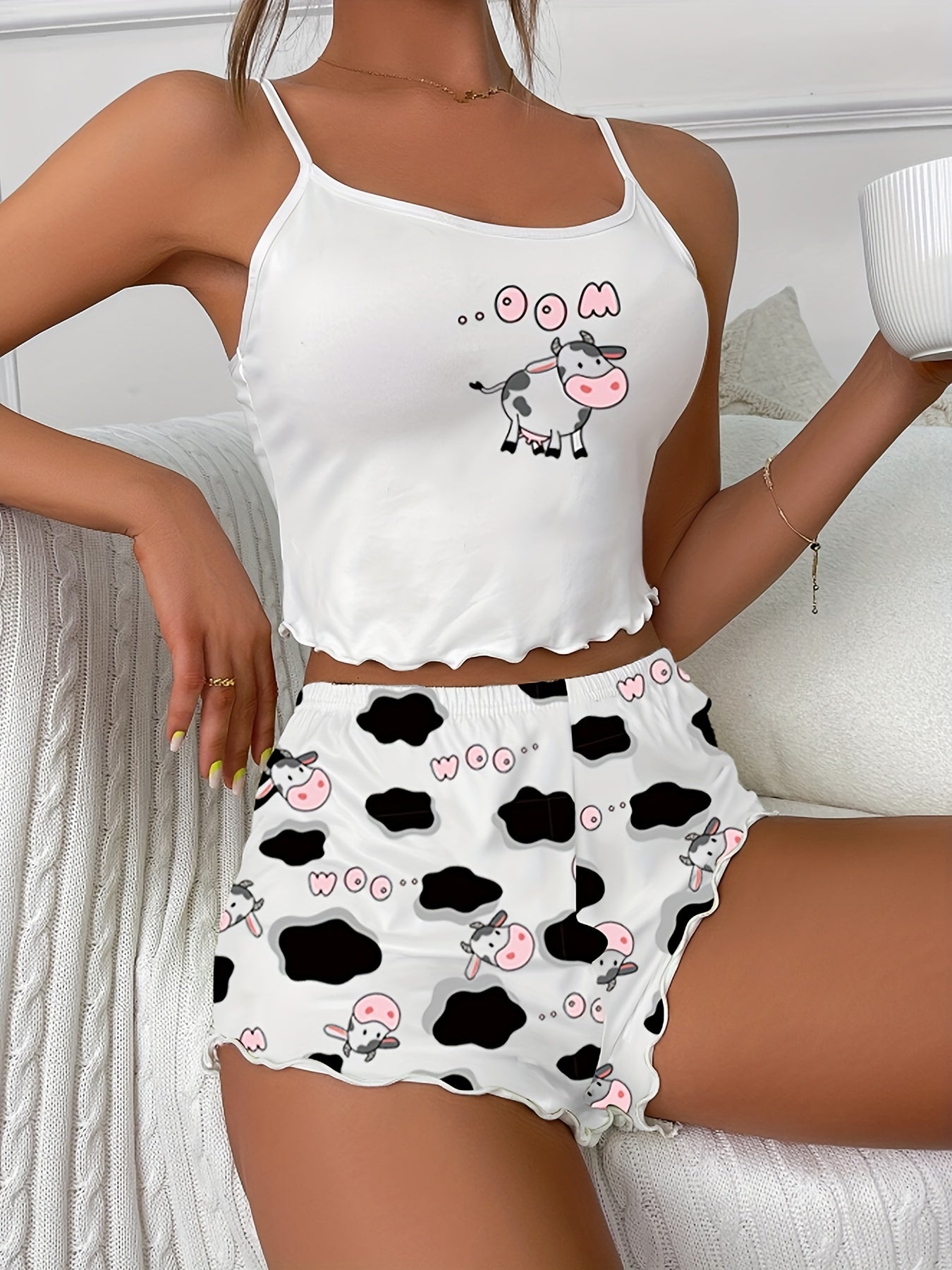 Cow Print Pajama Set Crew Neck Cami & Shorts Women's Sleepwear