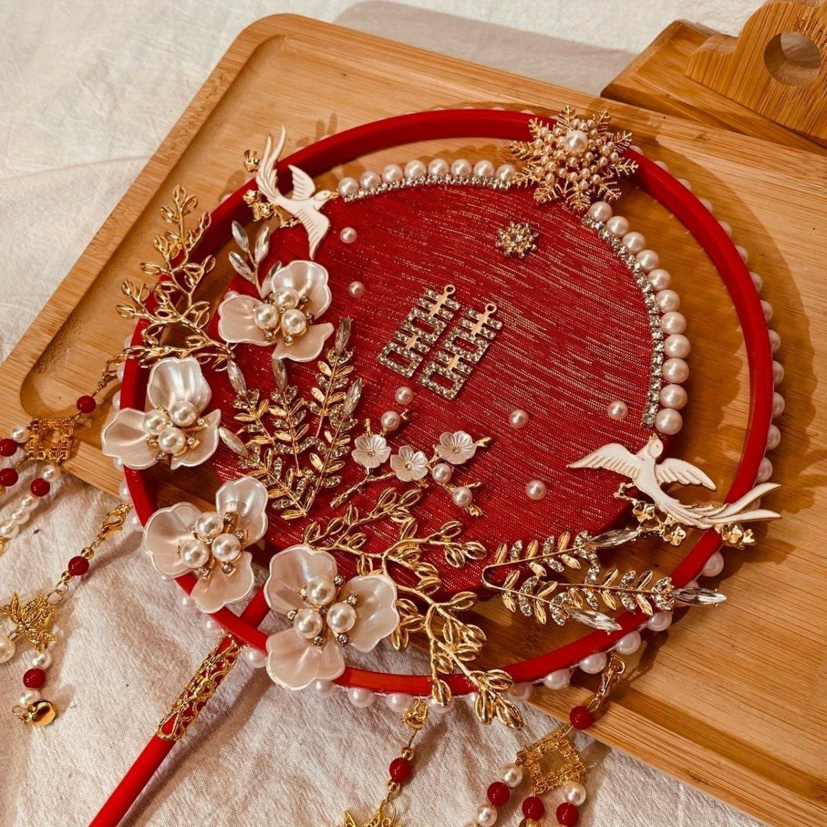 Chinese Wedding Golden Red Fan with Faux Pearl Flower Pendant