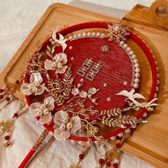 Chinese Wedding Golden Red Fan with Faux Pearl Flower Pendant