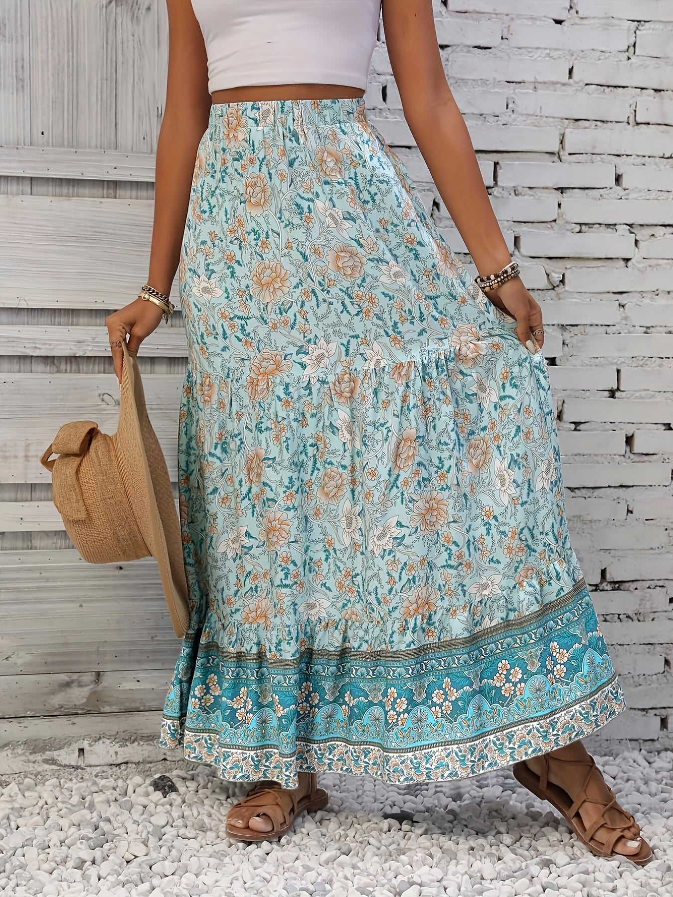 Floral Print Drawstring Waist Skirt Boho Skirt For Spring & Summer