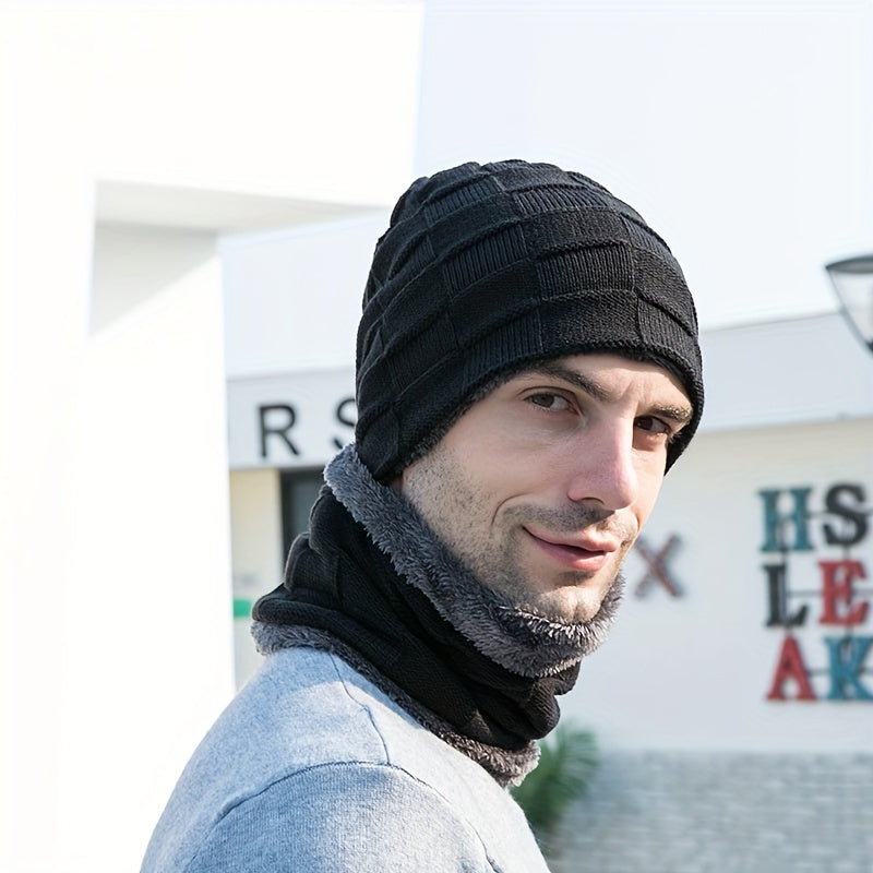 Winter Beanie Hats Scarf Set Knit Hat Neck Warmer Thick Fleece Cap Men Women