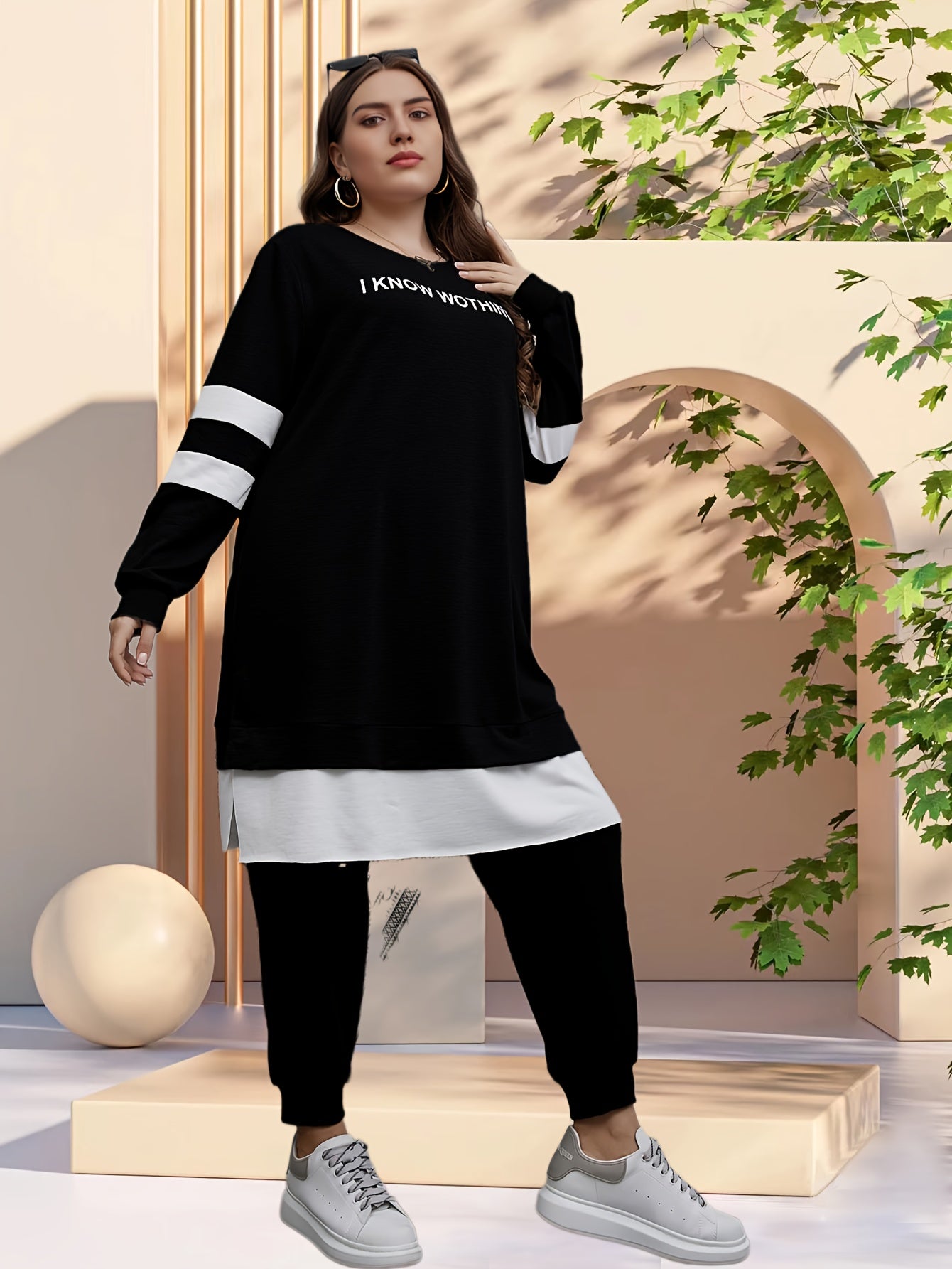 Colorblock Slogan Plus Print 2 Piece Set