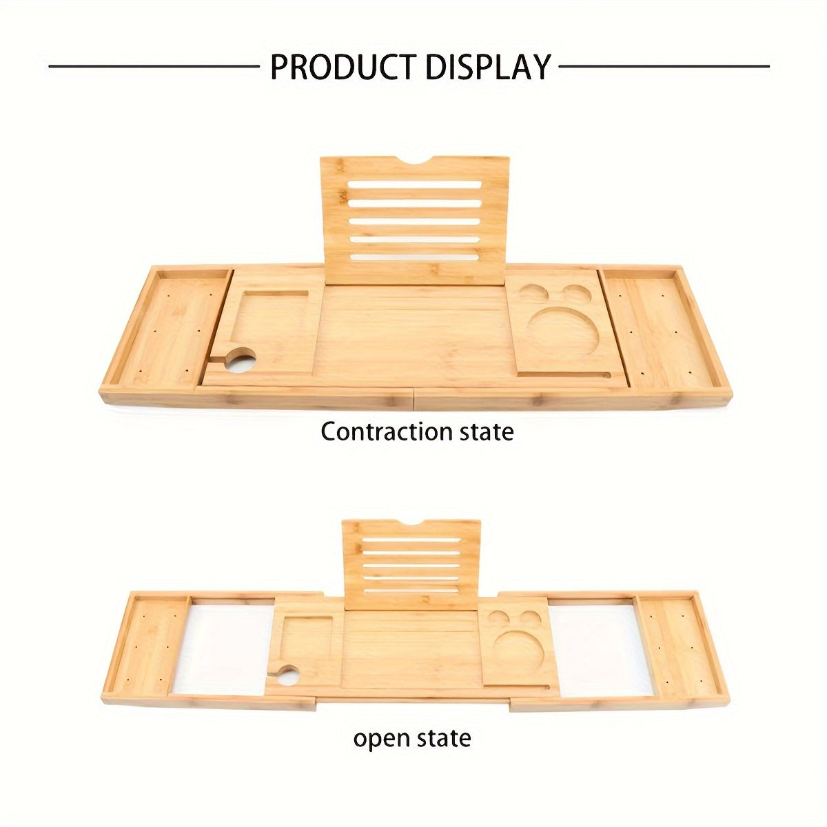 Adjustable Bamboo Bathtub Caddy Tray with Wine Glass Holder and iPad Stand