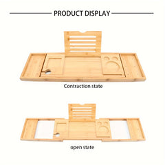 Adjustable Bamboo Bathtub Caddy Tray with Wine Glass Holder and iPad Stand