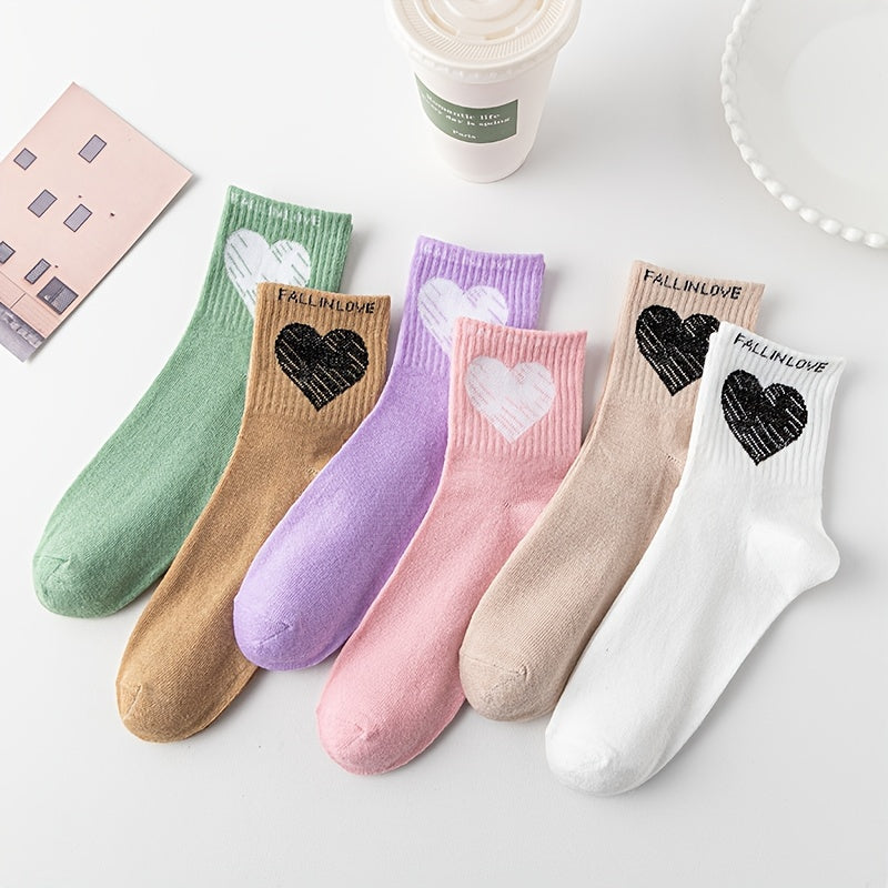 Heart Print Mid Tube Socks, 6 Pairs