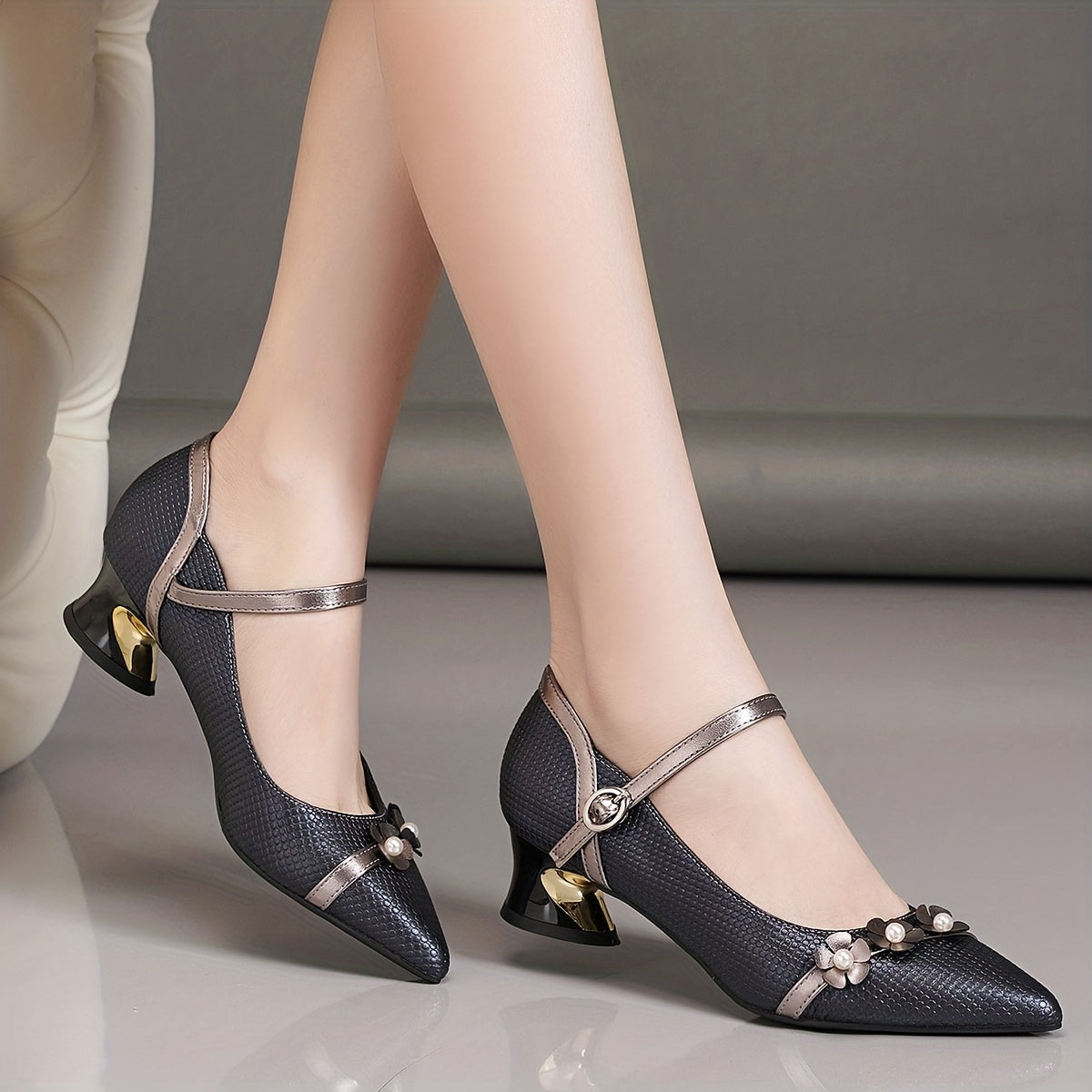 Floral Chunky Heel Pointed Toe Pumps with Buckle Strap