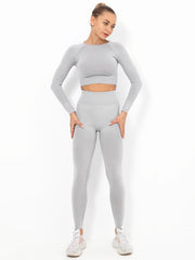 Women's Seamless Long Sleeve Sports Crop Top & Leggings Yoga Suit
