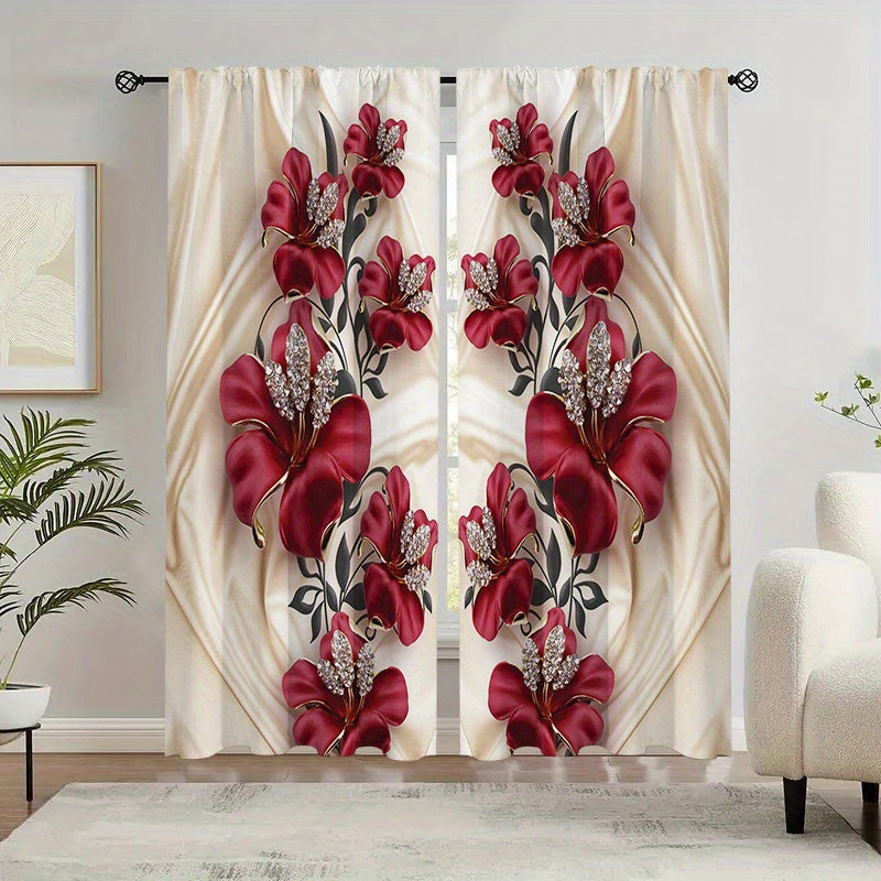Blackout Red Rose Polyester Curtains for Home Decoration