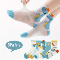 5 Pairs Boys Dinosaur Pattern Short Crew Socks - Breathable & Comfortable
