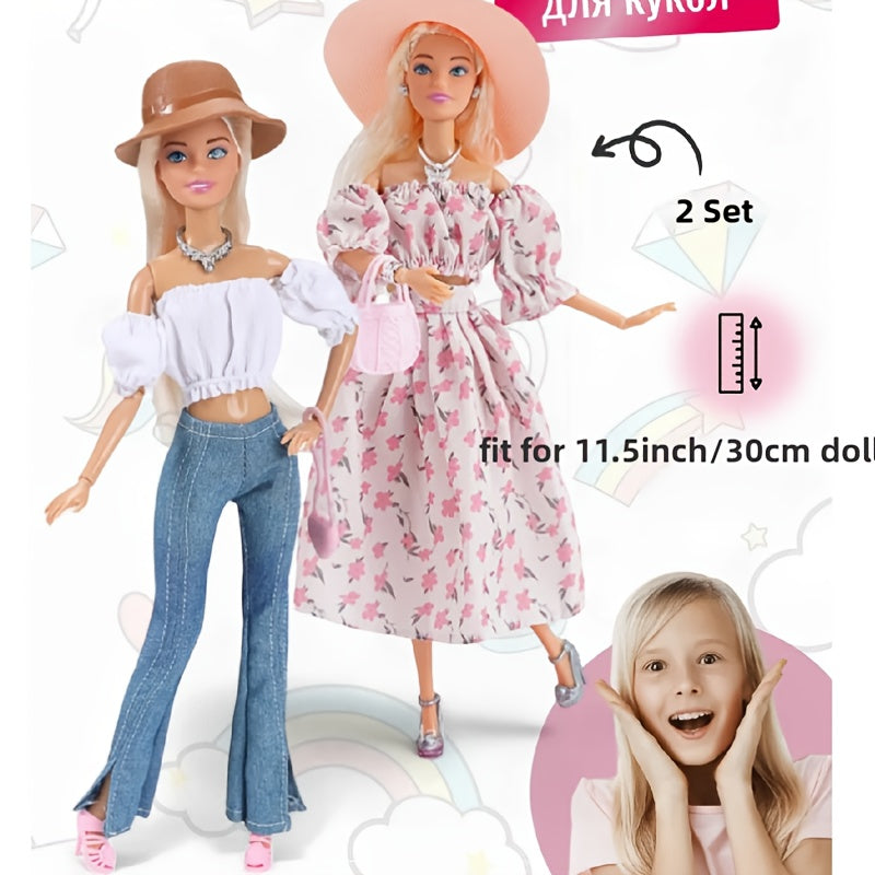 Doll Dress Kit: Floral Dress & Crop Top with Jeans, 2 Hats, 2 Tote Bags, 2 Shoes