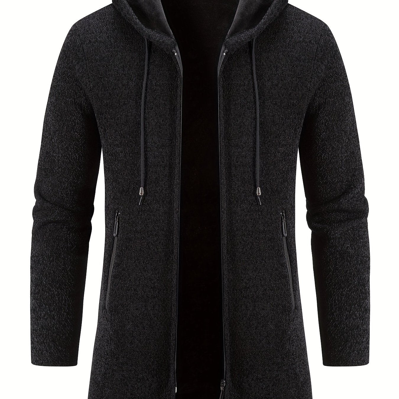 Men's Mid-Length Hooded Fleece Coat - Solid Zip-Up Cardigan
