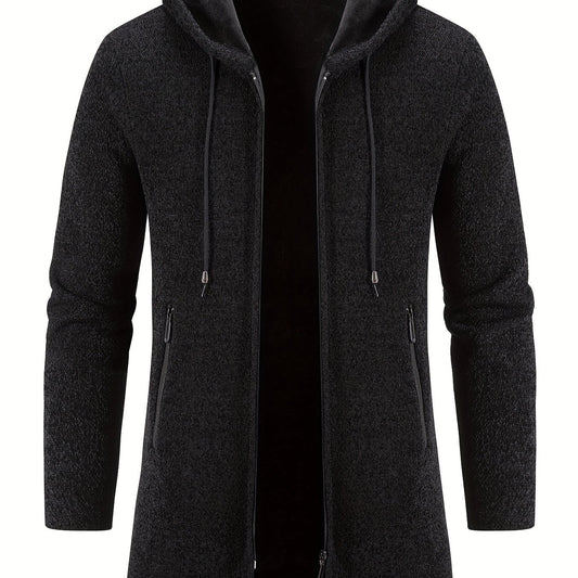 Men's Mid-Length Hooded Fleece Coat - Solid Zip-Up Cardigan