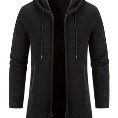 Men's Mid-Length Hooded Fleece Coat - Solid Zip-Up Cardigan