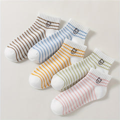 5 Pairs Cartoon Bear & Striped Short Socks Women's Stockings