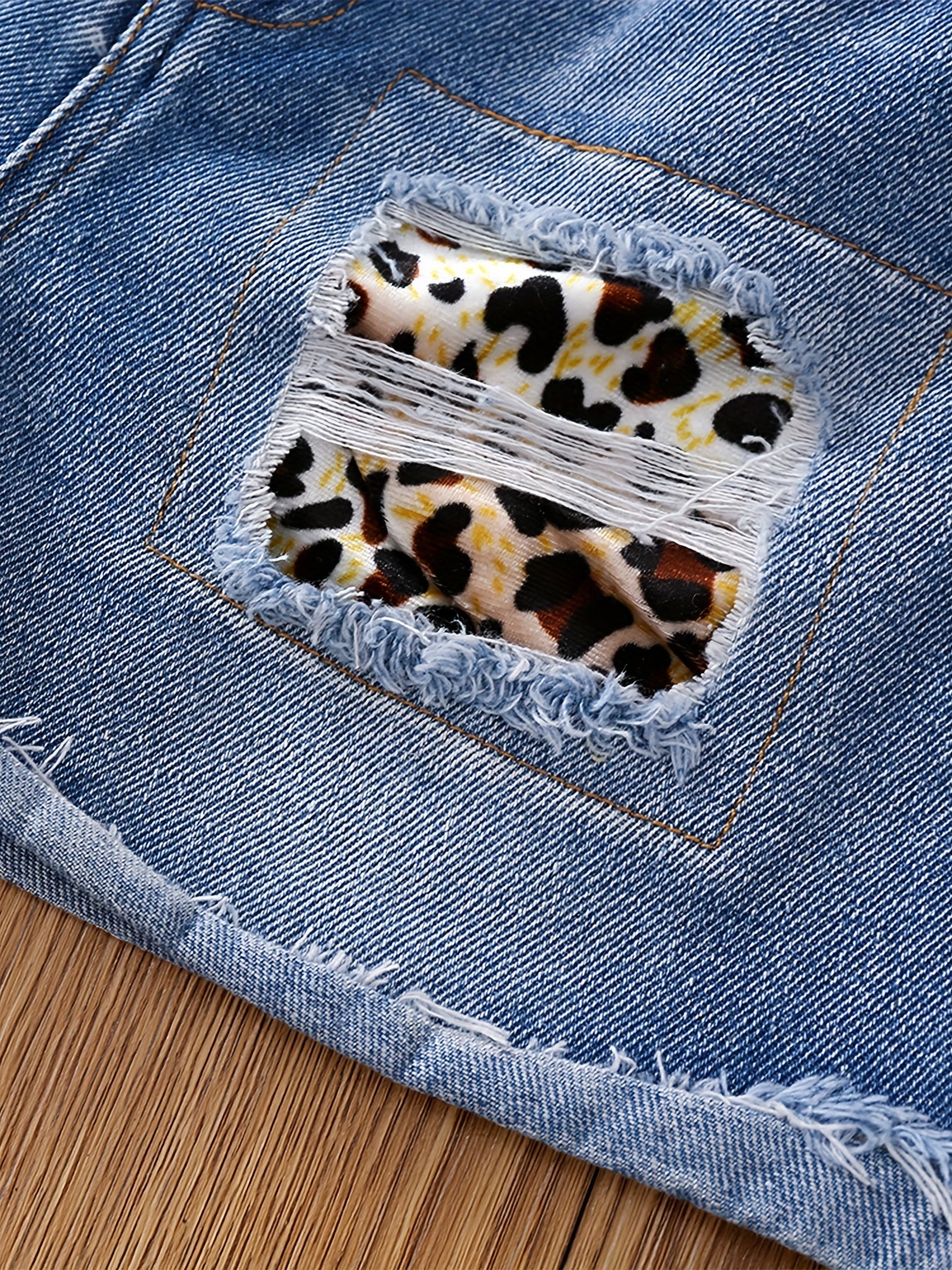 Kids Girls Leopard Patch Ripped Denim Shorts Zip Waist Teenagers Casual Pants