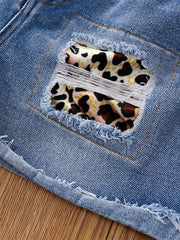 Kids Girls Leopard Patch Ripped Denim Shorts Zip Waist Teenagers Casual Pants