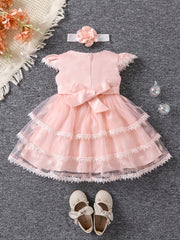 Baby Girl Casual Dress Fluter Sleeve Layered Belted Tutu Dress