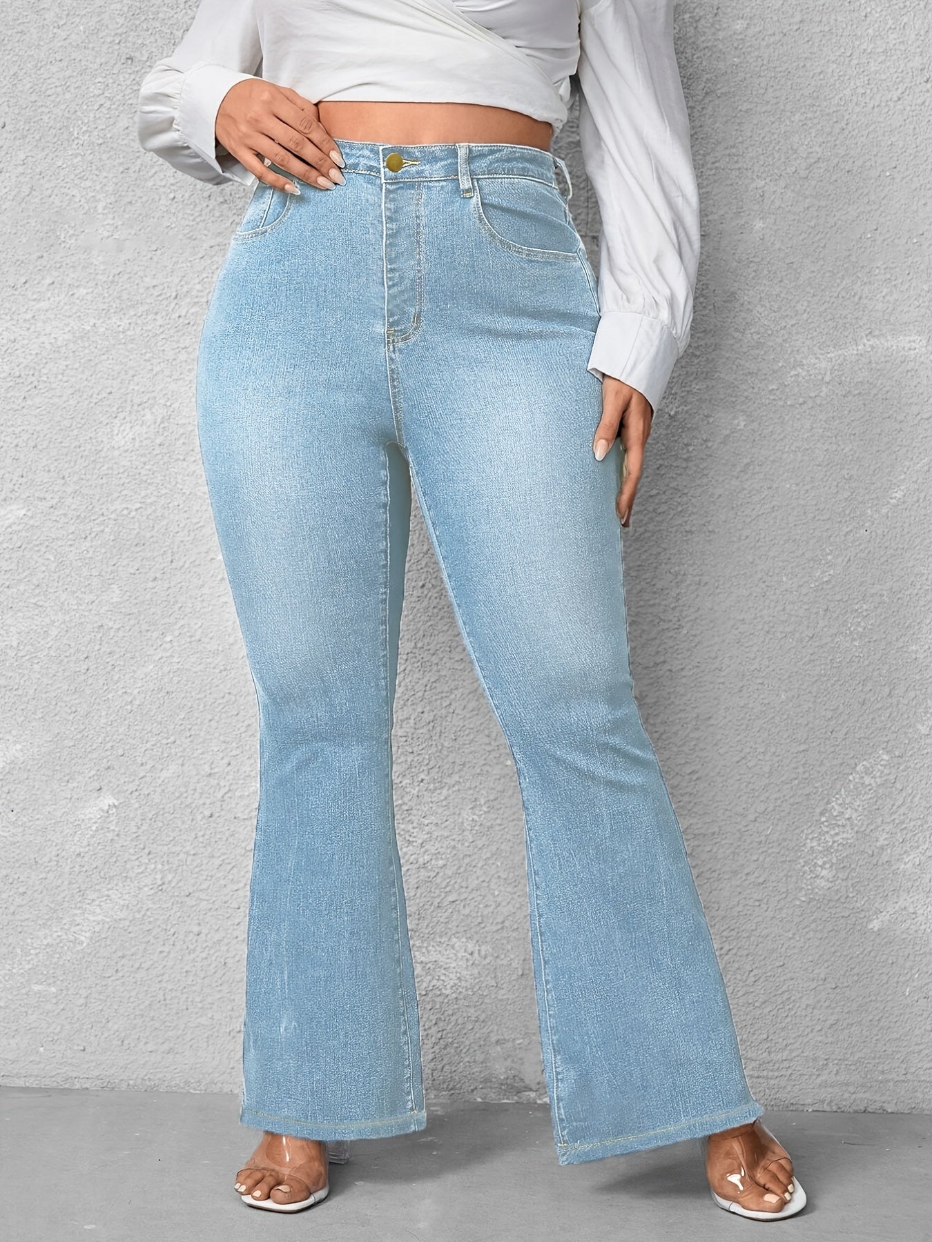 Flared Leg Button Fly Denim Jeans Women's Plus Casual Jeans