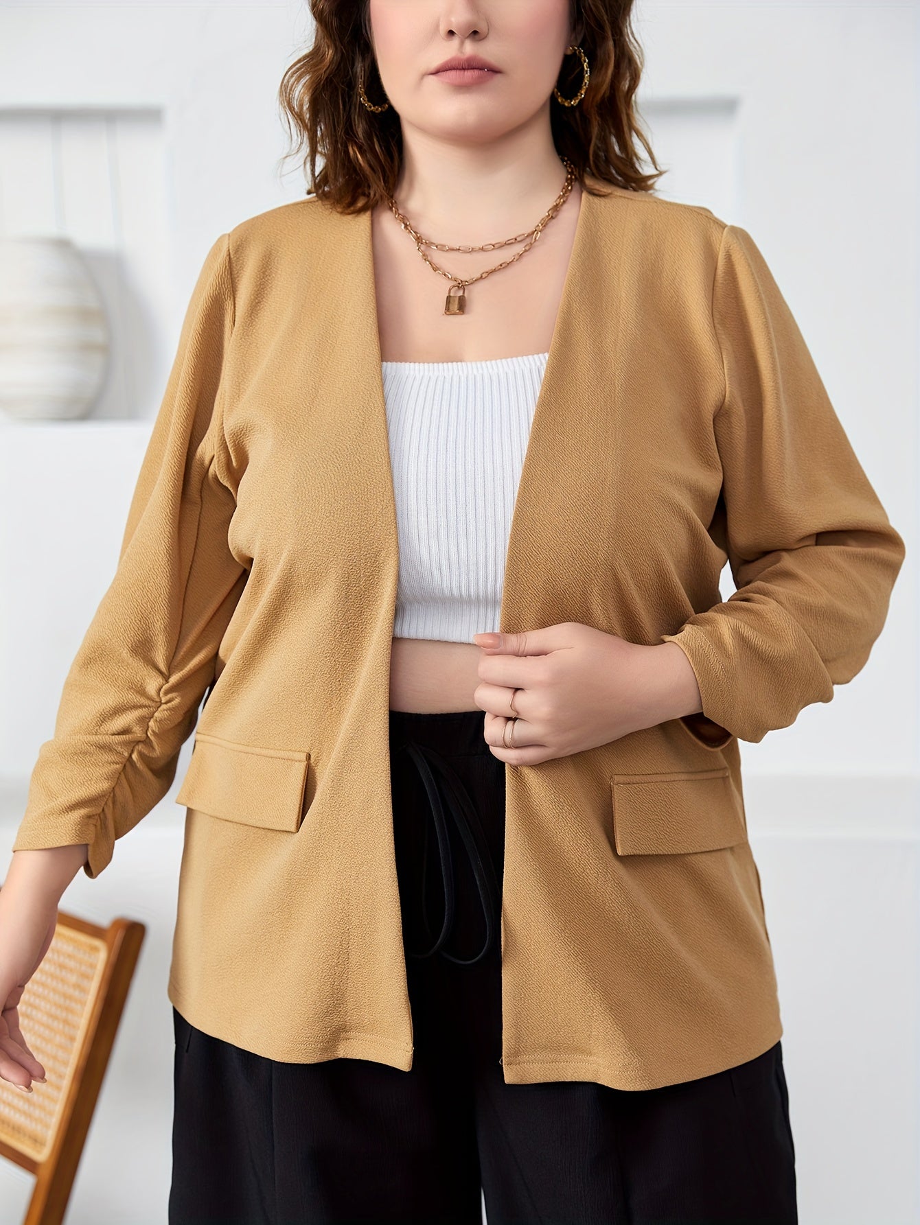 Blazer Women's Plus Solid Ruched Long Sleeve Open Front Blazer