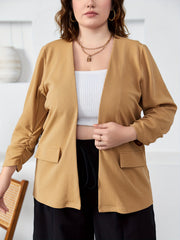 Blazer Women's Plus Solid Ruched Long Sleeve Open Front Blazer