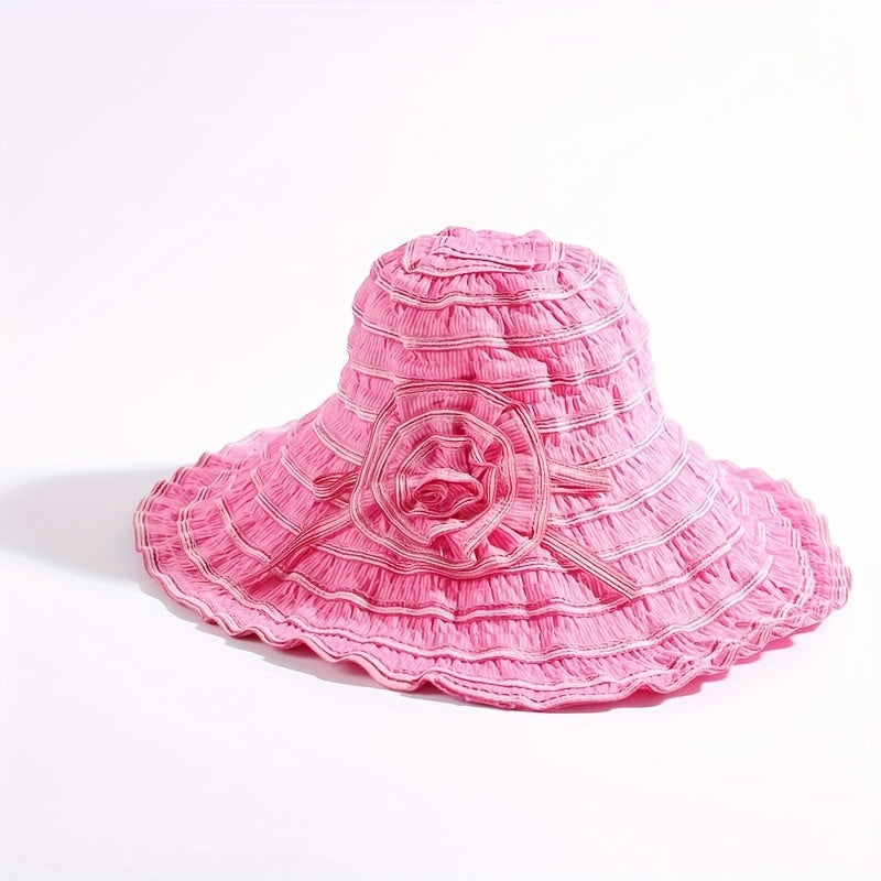 Pleated Sun Hat Flower Striped Bucket Hat Wide Brim