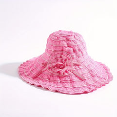 Pleated Sun Hat Flower Striped Bucket Hat Wide Brim