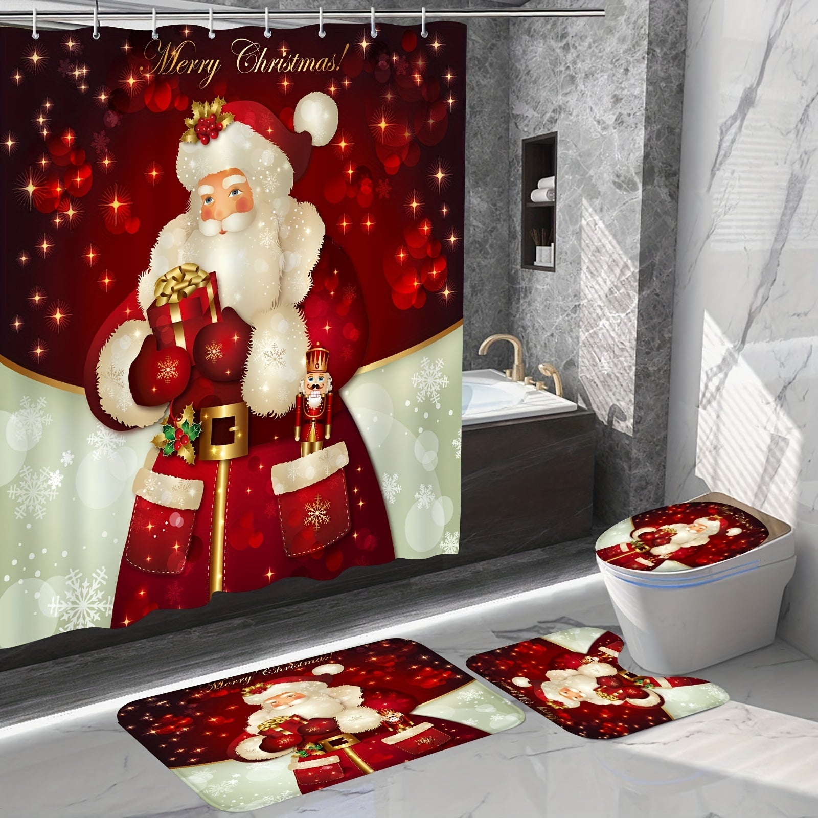 Christmas Santa Claus Shower Curtain Set Holiday Gift Snowflake Print