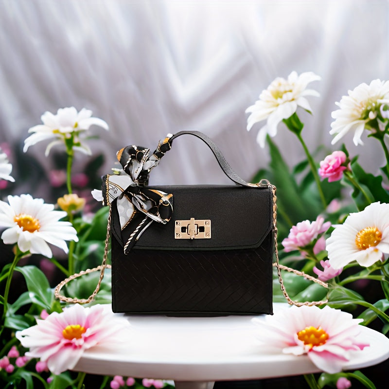 Pink Faux Leather Handbag with Geometric Pattern & Scarf Chain