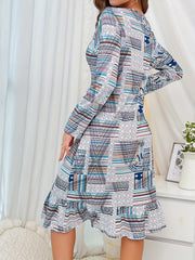 Geometric Pattern Ruffle NightDress Long Sleeve Pajama Dress Women's Sleepwear
