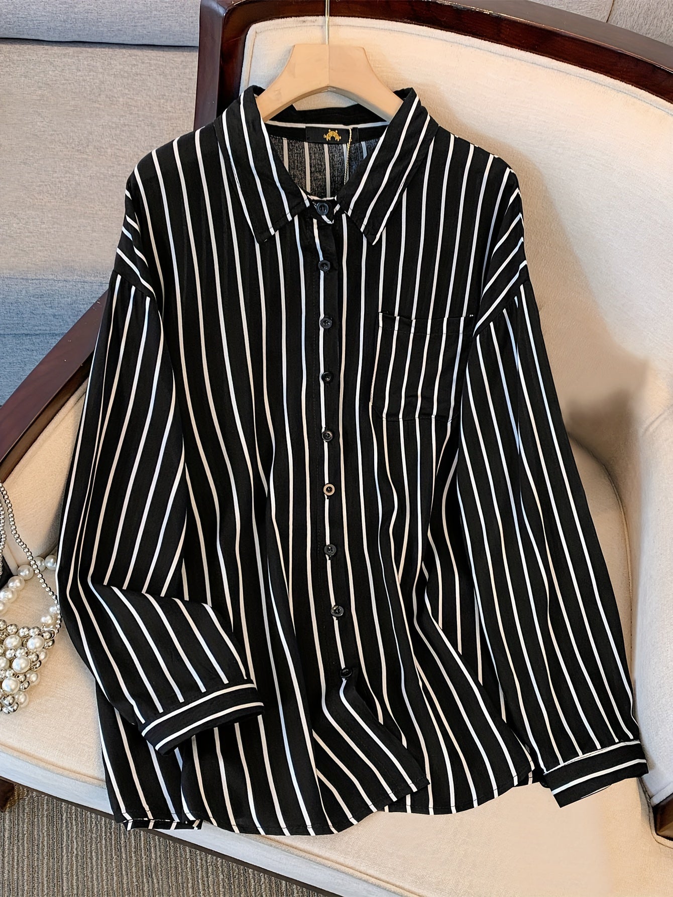 Stripe Print Button Up Long Sleeve Blouse