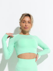 Solid Long Sleeve Yoga Crop Top Round Neck
