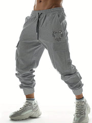 Heart Pattern Side Pockets Drawstring Joggers Men's Cargo Pants